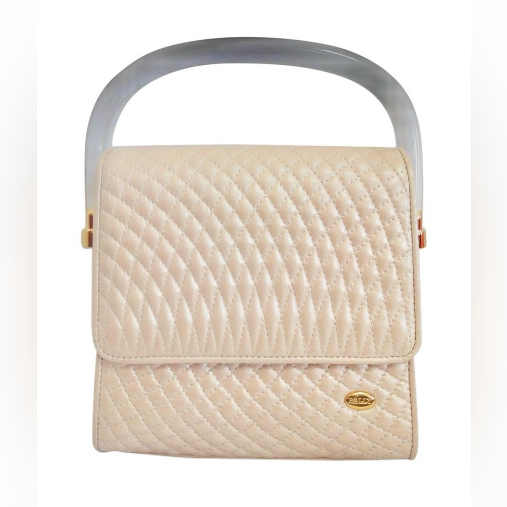 Bally Vintage pearl pink lamb quilted leather purse with clear plastic handle.